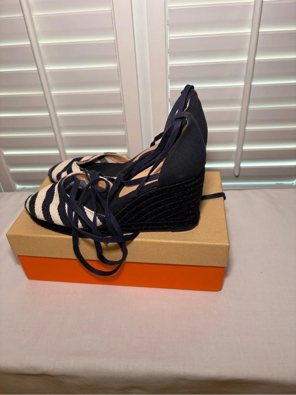 Castaner Navy and Cream Striped Wedge Espadrilles with Ankle Tie